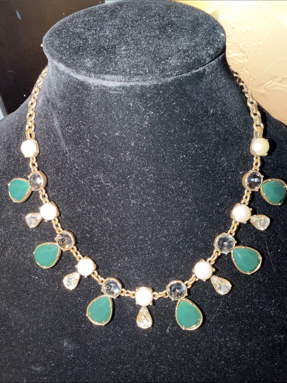 J. Crew vintage Gold-Tone Necklace with Green Teardrops and Pearlescent Accents